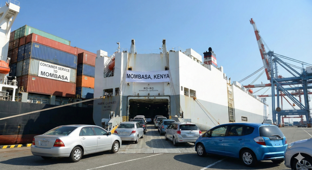 Used Japanese cars on RO-RO and container ships ready for export to Kenya